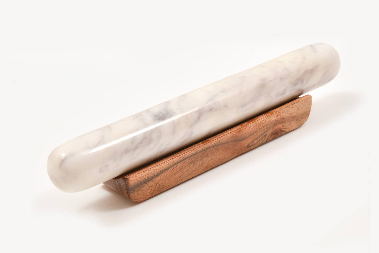 White Marble Rolling Pin and Wood Base