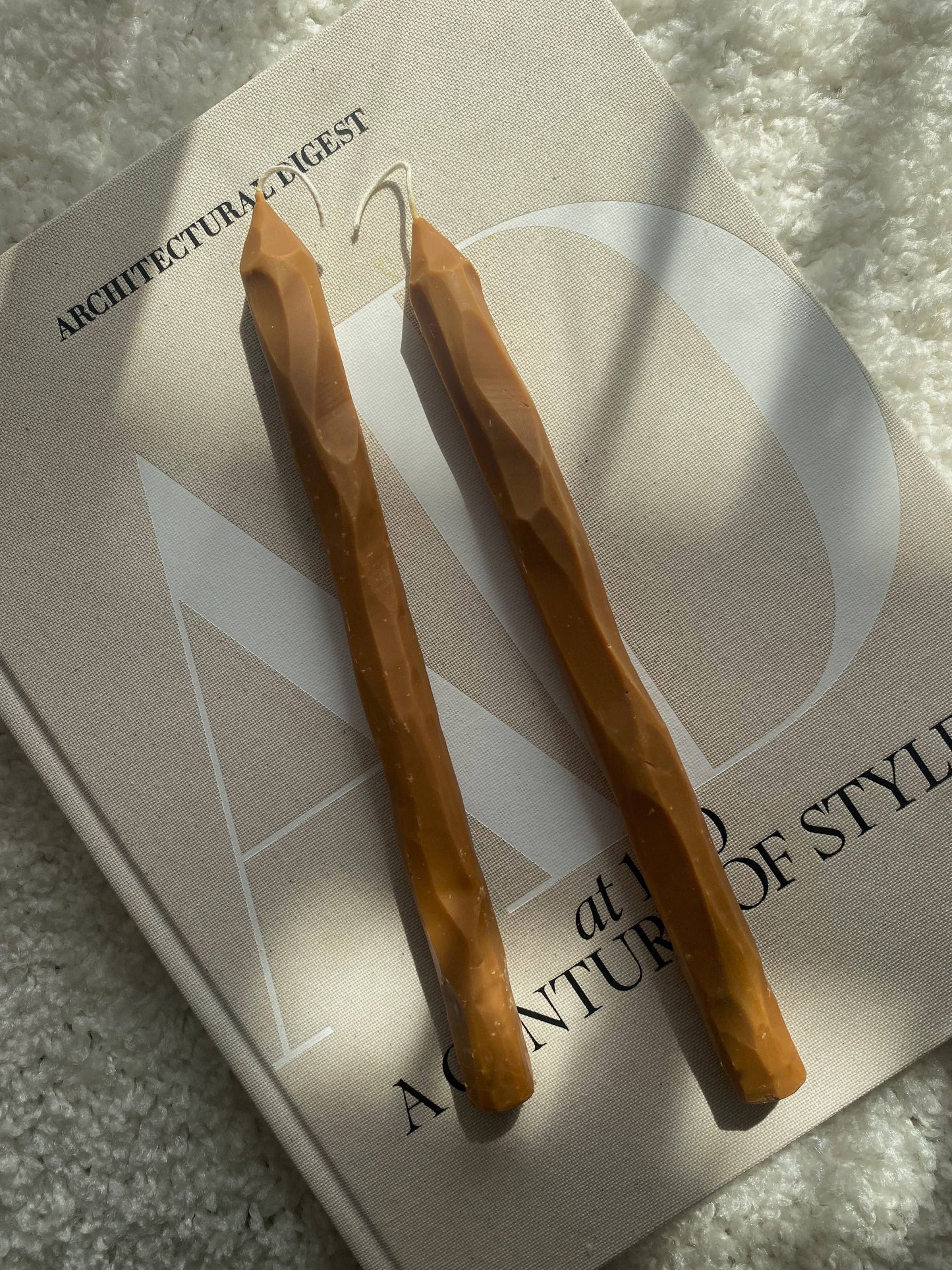 Hand carved Toffee tapered candle sticks. Vegan, soy wax