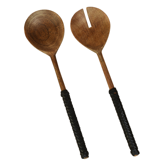 Burke Salad Servers, Wood & Black Leather