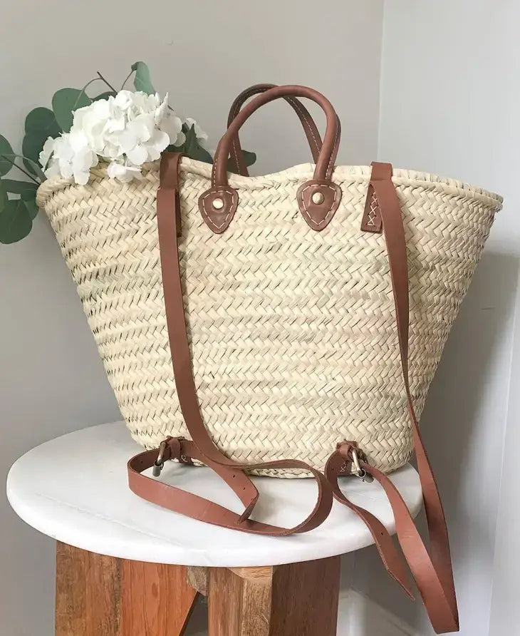 STRAW BAG Handmade leather, French Market Basket Backpack