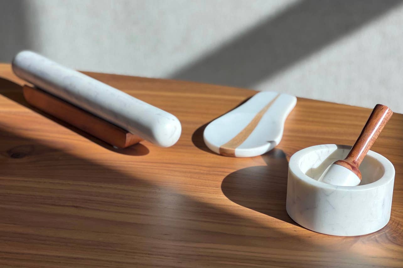 White Marble Rolling Pin and Wood Base