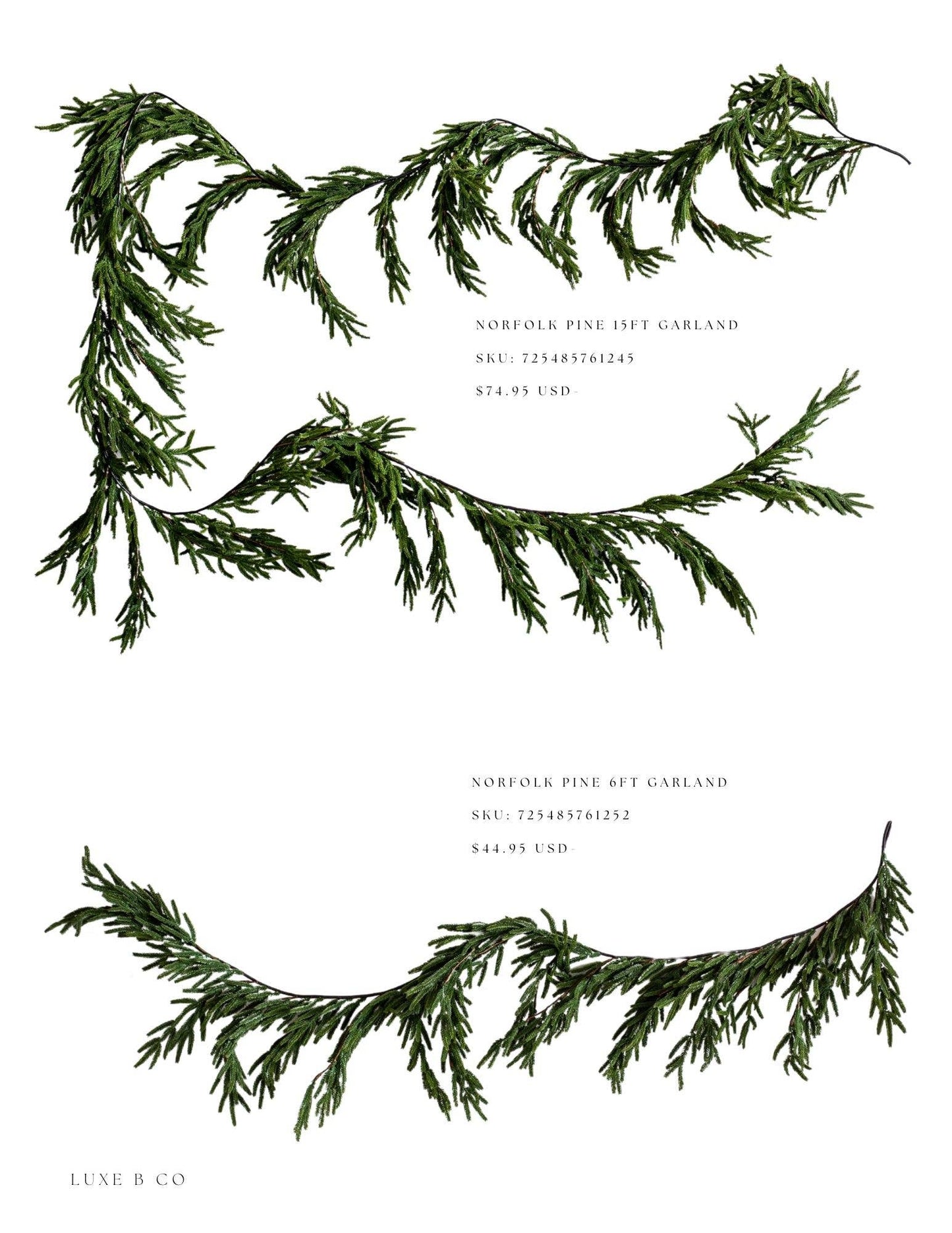 Norfolk Pine Christmas Garland Real Touch By Luxe B Co. 15 f