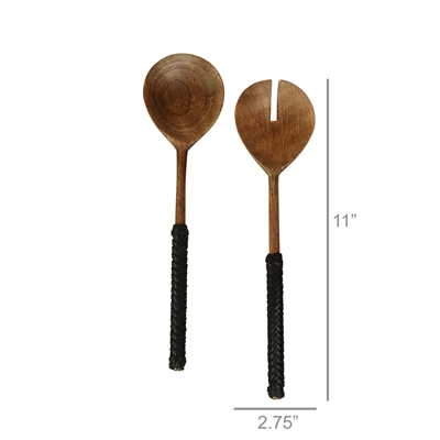 Burke Salad Servers, Wood & Black Leather