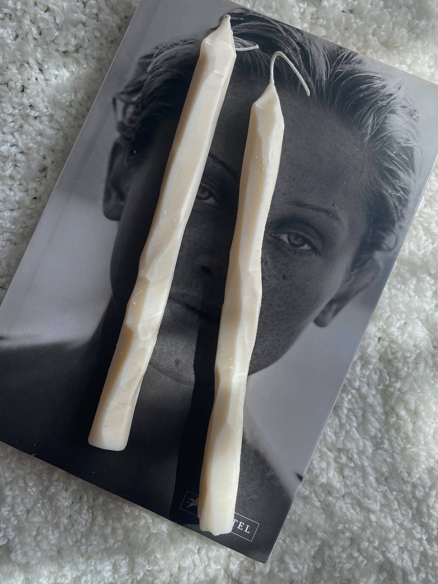 Hand carved white tapered candle sticks. Vegan, soy  wax