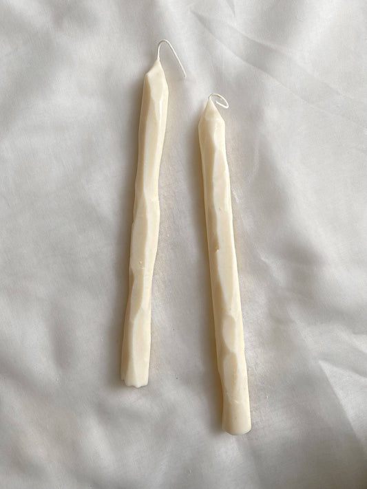 Hand carved white tapered candle sticks. Vegan, soy  wax